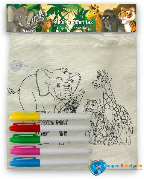Kleur je eigen tas wilde dieren, incl. 5 textiel stiften